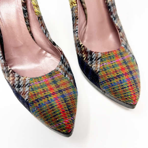 Miu Miu Green Red Patchwork Tweed Heels Shoes Size 7.5 - Picture 6 of 9